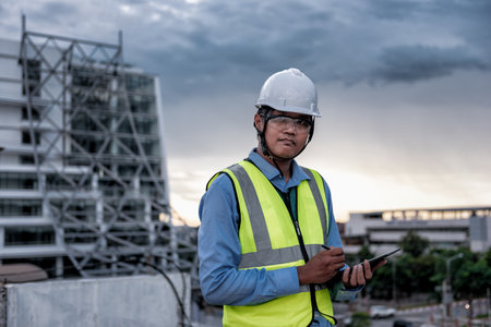 Engineering Consulting People on construction site holding tablet in his hand. Building inspector. Construction site checking by technology and business workflow of new building.の写真素材