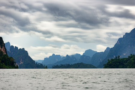 View of Asia lake in the among the islands with mountains and sky in background at Rajjaprabha dam...