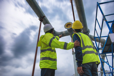 Two engineers wearing yellow mesh reflective safety vest discussed at the construction site and Pointing to the job.の写真素材