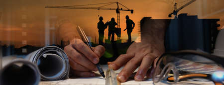 Double exposure of civil engineer silhouette at construction site with building designer working at...