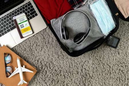 Health passport certification app, Tourist use smartphone to checking for certifying vaccinated status of coronavirus covid-19 in digital of heath passport app with citizen passport for prepare travelの写真素材