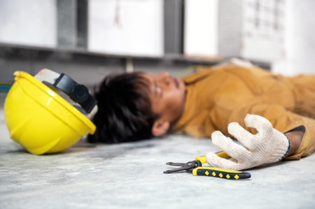 Accident from work of an electrician or maintenance worker lying unconscious and tensed hands on floor in the factory control room after the shock. Electronic Injury, Electric Shock conceptの写真素材