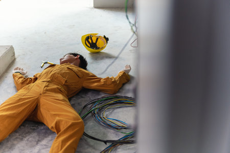 Accident from work of electrician or maintenance worker lying unconscious on floor near the electric wire in the factory control room after the shock. Electronic Injury conceptの写真素材