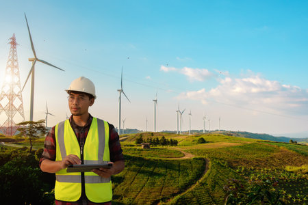 Maintenance engineer holding a tablet while working on wind turbine farm and thinking about saving...