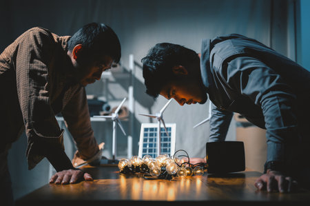 Two Engineers testing efficiency of solar cell panels type with Led light in office at night. Learn design and calculation to energy accumulation, use pure energy nature, solar and wind to outputの写真素材