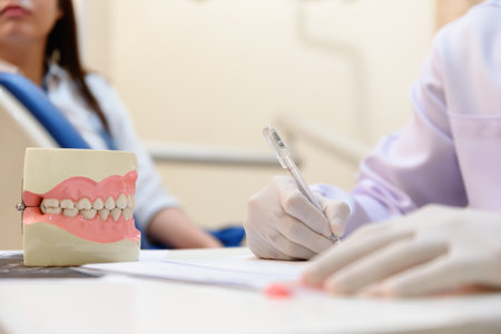 Dentist writing patient data record after treatment on desk in dentist's office