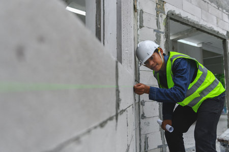 Civil engineers are using color tendons to inspect brick masonry lines in construction building....