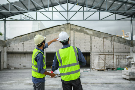 Civil engineers discuss with foreman or builder while holding blueprints and standing under steel structure roof of building at construction site, Consultant in construction site jobs concept.の写真素材