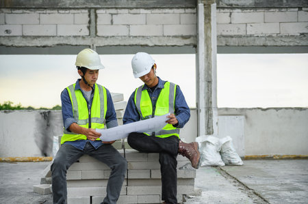 Civil engineers discuss with foreman or builder while opening blueprints and sitting on piles of...