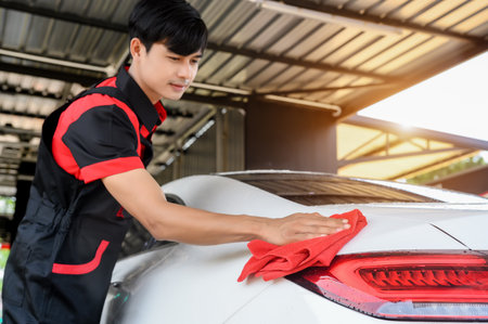 Car Wash Services, Cleaning with Cloth at Car Wash and Detailing Station for Vehicle's Maintenance. Expert Car Cleaning and Grooming at Car Wash Station.の写真素材