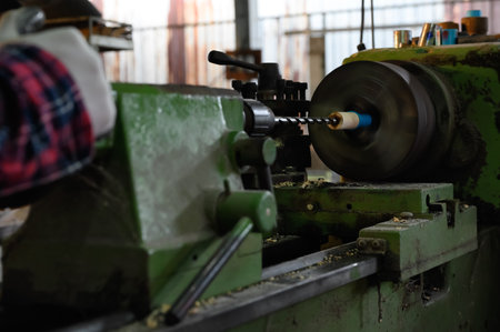 Drill wood machine working in carpentry factory.