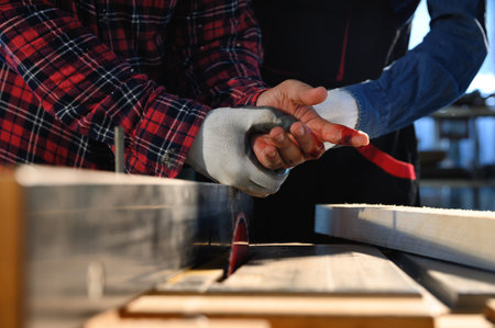 Accident of carpenter mistake or remiss while attempt to grab wood in work, sharp saw blade is...
