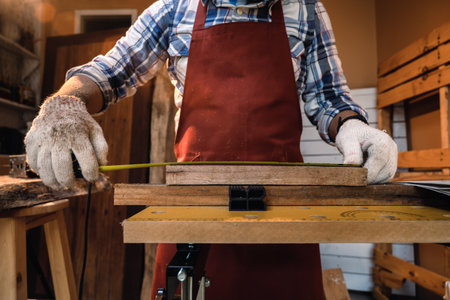 Carpenter use Measuring tape and pencil to marking on timber. Selective focus and close-up on hand...