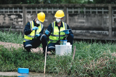 Two Environmental Engineers Inspect Water Quality and Take Water Samples Notes in The Field Near Farmland, Natural Water Sources maybe Contaminated by Toxic Waste or Suspicious Pollution Sites.の写真素材