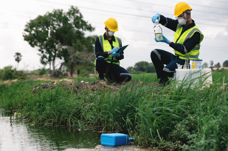 Two Environmental Engineers Inspect Water Quality and Take Water Samples Notes in The Field Near Farmland, Natural Water Sources maybe Contaminated by Toxic Waste or Suspicious Pollution Sites.の写真素材