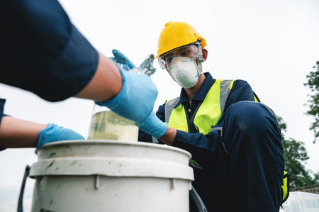 Environmental Engineers Take Water Samples Into Bottles at Rotten Smelly Pond Water Sources, May Be Contaminated by Toxic Waste or Suspicious Pollution Sites.の写真素材