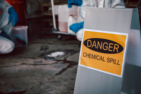 Hazardous Substances Spilled on the Floor, Immediate Cleanup Needed, Caution Required Industrial Hazard, Keep Area and Safety Alert in Chemical Spill Emergency.の写真素材