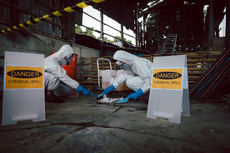 Absorb Spillage, How to Contain Chemical Spill, Part of Steps for Dealing with Chemical Spillage, Spill Clean-up Procedures, Basic Practical Training for Chemical Spill Clean-up.の写真素材