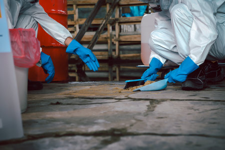 Using Sand or Sawdust to Absorbent for Oil, Acid, Chemical, Liquid Spills Cleanup. Steps for Dealing with Chemical Liquid Spillage, Part of Basic Practical Training for Chemical Spill Cleanup.の写真素材