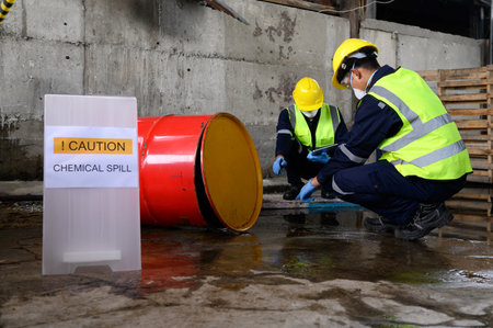 Two Officers of Environmental Engineering Wearing Protective Equipment with Masks Inspected Oil...