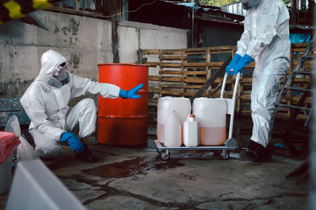 Specialist Officers in Chemical Safety Wear Chemical Risk Protective Clothing, Investigating and Determining The Type of Chemical Spill, Area Clearing and Keeping. Prepare Chemical Spills Cleanup.の写真素材