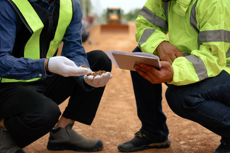 Hands of civil engineers touching and inspecting laterite soil for construction improvement base road work. Engineer Construction inspector job concept.の写真素材