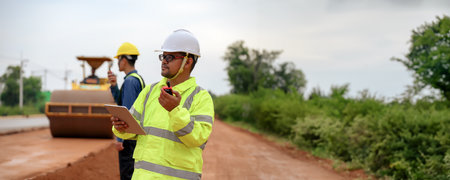 Asian surveyor engineers use tablet to check detail in job, Control schedule of work of highway road...