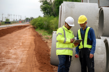 Civil engineers discuss the job with construction foreman while using technology tablet at highway...