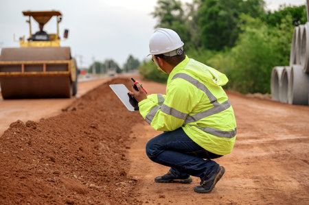Asian civil engineers inspecting laterite soil for road construction improvement base road work. Inspection of each layer of laterite soil landfilling near vibratory roller compactor machine.の写真素材