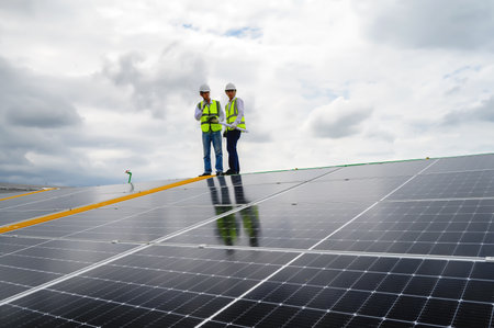 Young Engineers and Specialist Technicians  Discuss and Check Quality of Installing Solar...