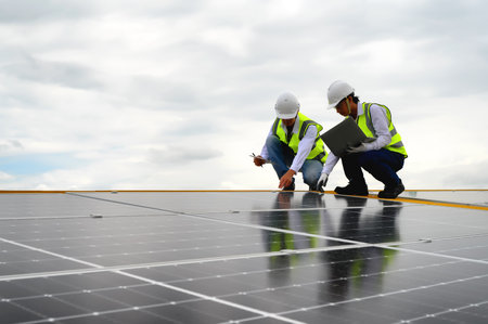 Young Engineers and Technicians Discuss and Check Quality of Installing Solar Photovoltaic Panels...