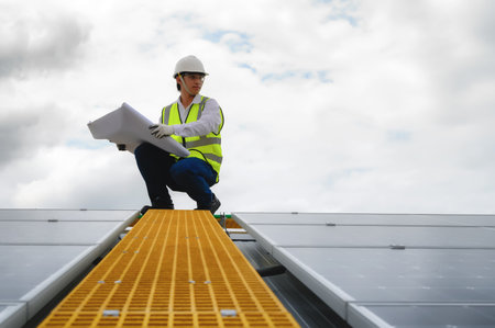 Young Engineers Open Drawing Blueprint Paper and Check Quality of Installing Solar Photovoltaic...