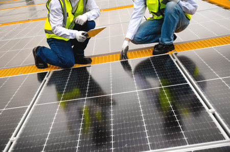 Young Engineers and Specialist Technicians  Discuss and Check Quality of Installing Solar...