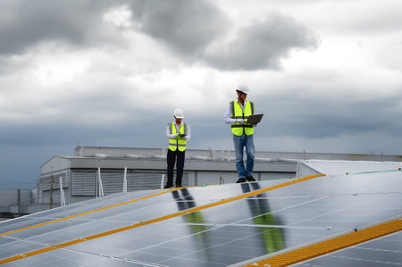 Young Engineers and Specialist Technicians Check Quality of Installing Solar Photovoltaic Panels and Use App Technology Checking Accumulated power generation from Solar Panel on Tablet and Laptop.の写真素材