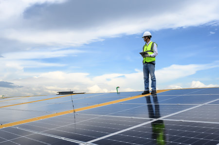 Engineer Inspector Quality in Solar Roof Panel Installation, Sustainable Photovoltaic Work for...