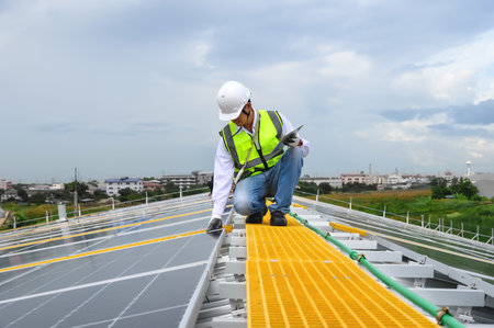 Engineer Inspector Quality in Solar Roof Panel Installation, Sustainable Photovoltaic Work for...