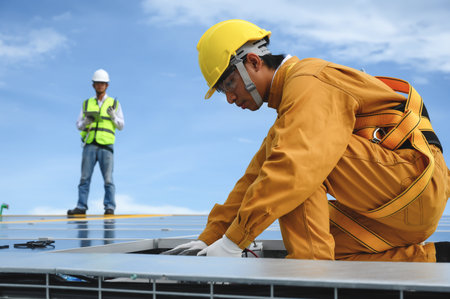 Technician Installing Equipment and Wiring Connect in System of Photovoltaic Installation on Factory...