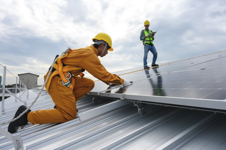 Technician Inspector Quality in Solar Roof Panel Installation with Installer, Quality Control Re-Check in Work of Sustainable Photovoltaic Installation on Factory Roof Buildings.の写真素材