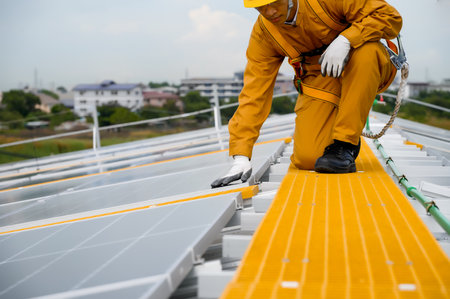 Specialist technicians or Installation worker head to check the quality of installing solar photovoltaic panels support on metal roof sheets on factory rooftop.の写真素材