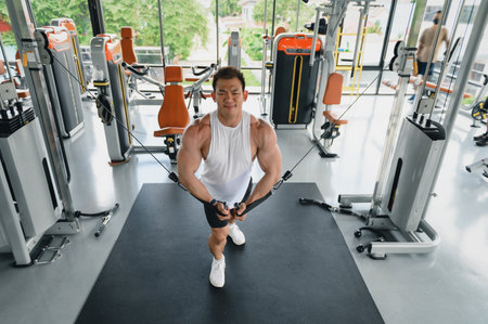 Muscular man, Bodybuilder Asian man workout doing cable rope pushdowns. Tricep arm exercises...