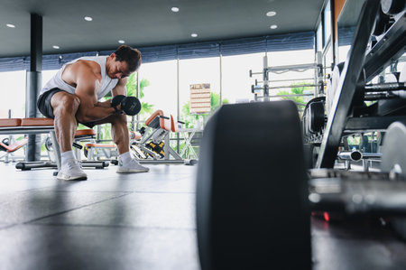 Muscular bodybuilder Asian man weightlifting in gymnasium sit exercise biceps with a dumbbell. Fitness execute exercising building muscle concept.の写真素材