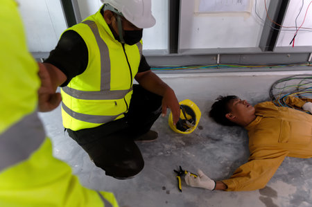 Stop, Don't Touch, Before to First Aid for Electric Shock in Workplace Accidents. Handling Electric...