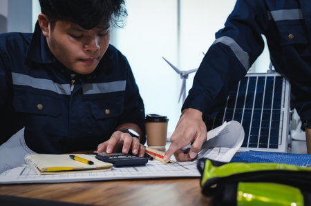 Two Young Engineers Expertise in Solar Cell Installation Meetings and Discussion in The Job. Planning to Install Solar Photovoltaic Panels on Roof Top in The Office Room with Factory Building Plan.の写真素材