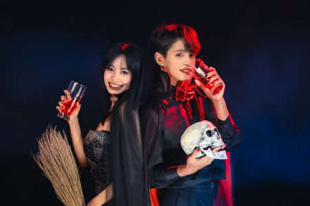Celebrate The Enchanting Halloween Season. Celebrating Halloween Haunt Party of Asian Style, Fusion of Tradition and Frightful Delights, A Night of Culture, Costumes, and Spookiness Fun.の写真素材