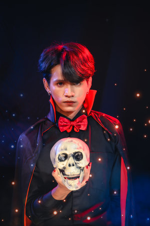 Portrait of a Man in Costumes Celebrates The Enchanting Halloween Season With Copy Space. Celebrating Halloween Haunt Party of Asian Style, Fusion of Tradition and Frightful Delights, Night of Cultureの写真素材