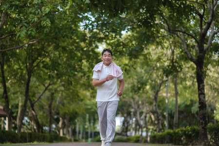 Asian Old Adult Happy Man Jogging Alone In A Park With Green Trees Background.の写真素材