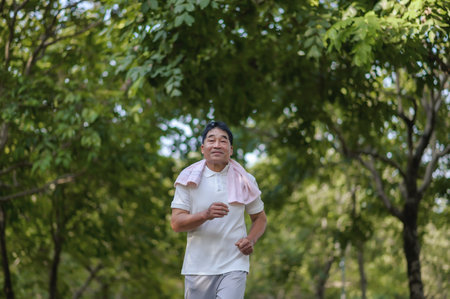 Asian Old Adult Happy Man Jogging Alone In A Park With Green Trees Background.の写真素材