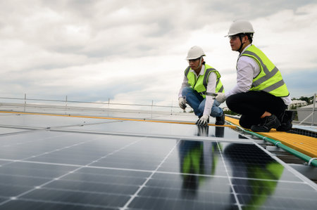 Engineers or Specialist technicians team, Check the quality of installing solar photovoltaic panels and Use technology applications to check accumulated power generation from solar panels on tablets.の写真素材