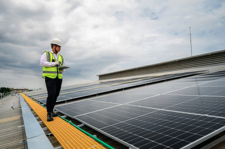 Engineers or Specialist technicians check the quality of installing solar photovoltaic panels and...