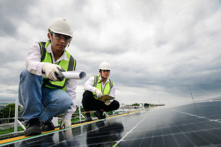 Engineer Team Inspector Quality in Solar Roof Panel Installation, Quality Control in Work of Sustainable Photovoltaic Installation on Factory Roof Buildings.の写真素材